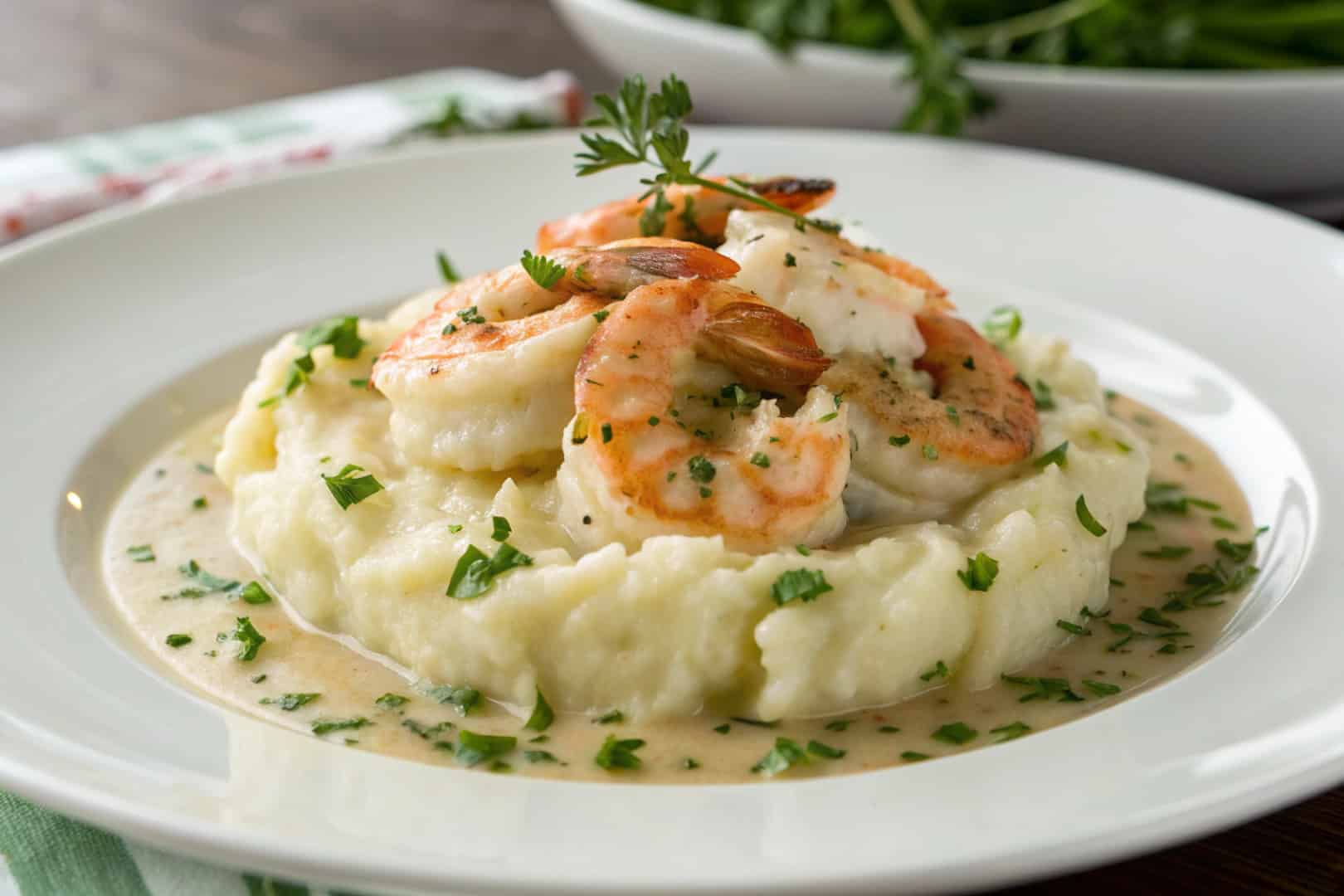 Creamy Garlic Shrimp Over Mashed Potatoes featured dish plated