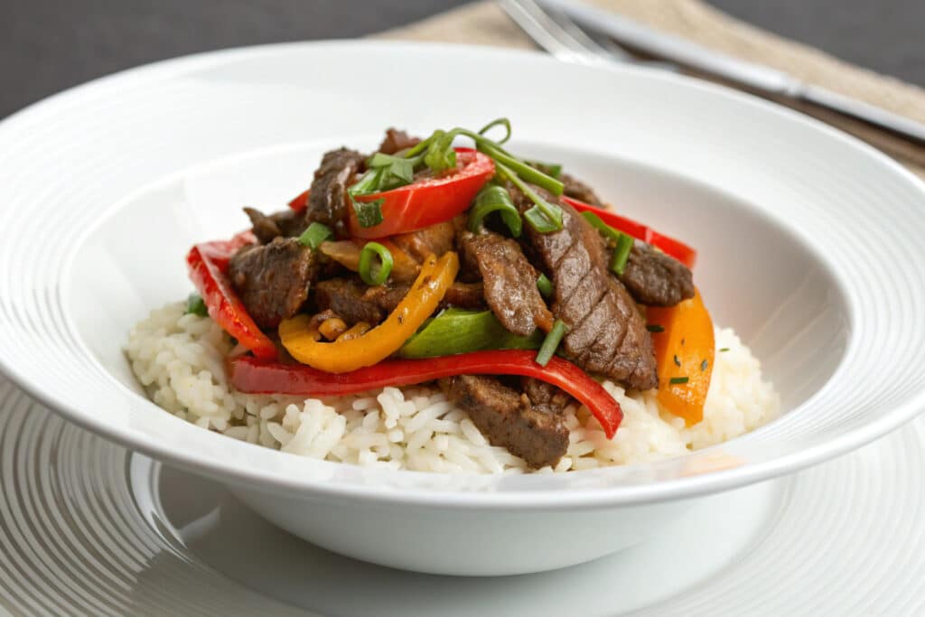 Beef Pepper Rice Bowl featured dish plated